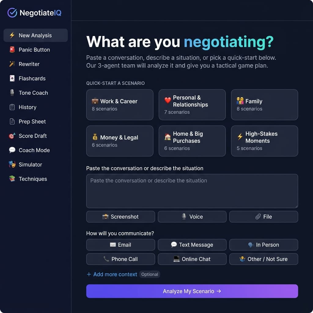 NegotiateIQ dashboard showing AI-powered negotiation analysis with strategic inquiries, emotion tagging, and response strategies